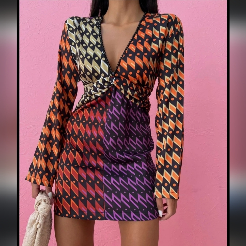 NWT Zara Multi colorblock printed long sleeve mini dress M